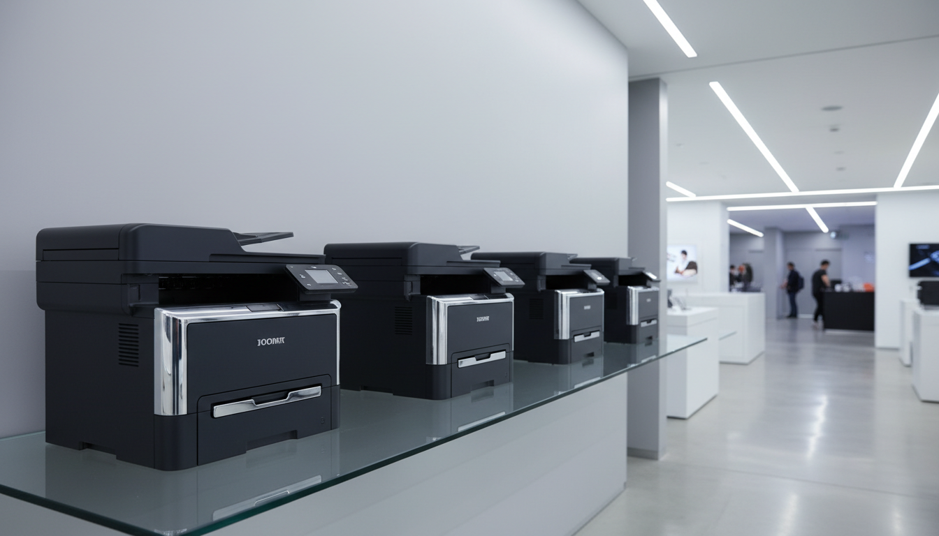 A row of high-end laser printers, each finished in matte black with subtle chrome details, lined neatly on a pristine glass display shelf. The environment is a spacious, contemporary tech retail setting with light gray walls and recessed LED strip lighting. Bright but soft overhead lighting emphasizes the printers' sleek contours while creating gentle, diffused reflections on the glass shelf. The mood is modern and efficient, suggesting premium quality and dependability. The camera angle is slightly elevated, using rule of thirds composition to allow for visual depth and clarity, maintaining a clean, modern aesthetic.
