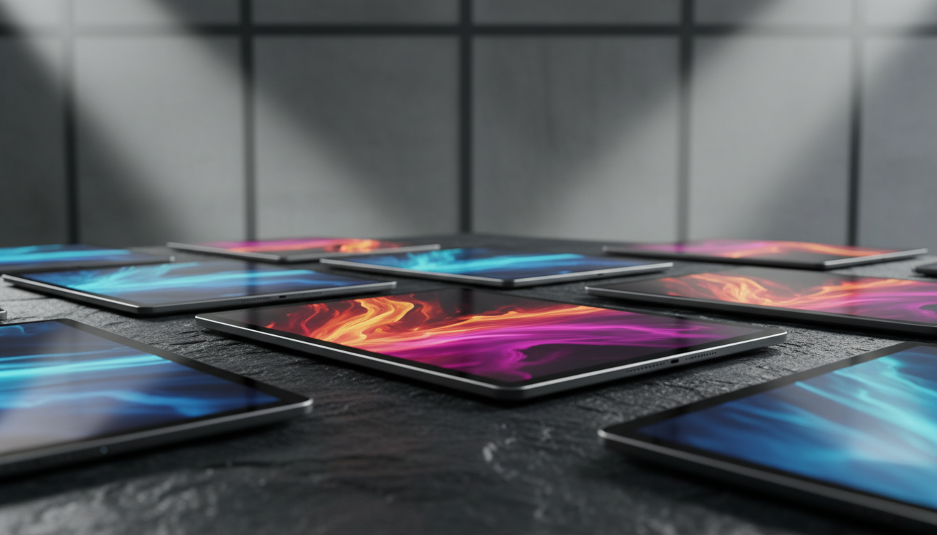A collection of premium tablets with edge-to-edge glass displays and slim, brushed metal bodies, artfully arranged on a textured dark stone tabletop in a well-lit product display area. Each tablet screen glows with vivid color, giving off a subtle reflected light onto the table surface. Ambient illumination from overhead spotlights casts crisp highlights on tablet corners and soft gradients on the background. The mood is sleek and forward-thinking, emphasizing technological innovation. The shot uses shallow depth of field to bring the foreground tablets into sharp focus while the background gradually softens, offering an exclusive, modern visual impression.