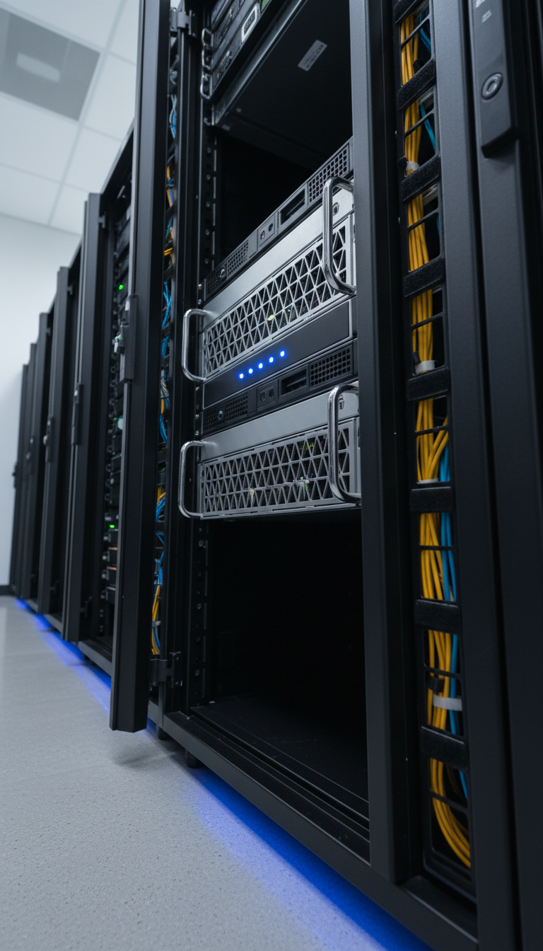 A powerful 2U rackmount server with a minimalist, vent-patterned front panel and illuminated blue status lights, installed inside a professional-grade equipment rack. The server environment is an organized, climate-controlled server room with tidy cable management visible along the side of the rack. The lighting is cool and evenly distributed, with subtle under-rack illumination highlighting the server’s clean lines and chrome accents. The mood is secure and reliable, ideal for conveying enterprise readiness. Captured from a low, slightly angled perspective, the image uses balanced composition and crisp focus to highlight technical rigor in a contemporary photorealistic style.